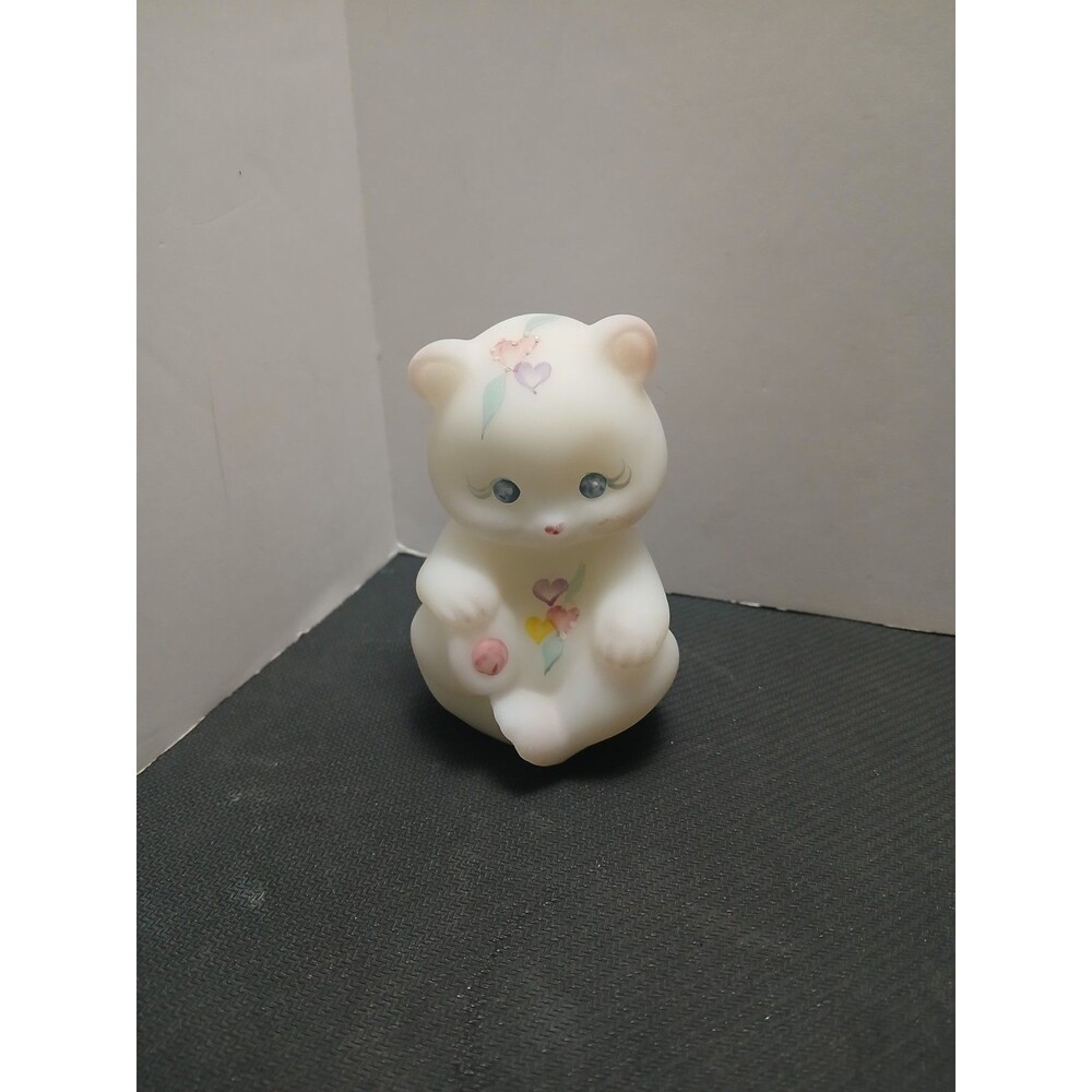 Fenton Hand Painted White Satin Bear Cub With Hearts‎ Figurine Signed C. Dailey